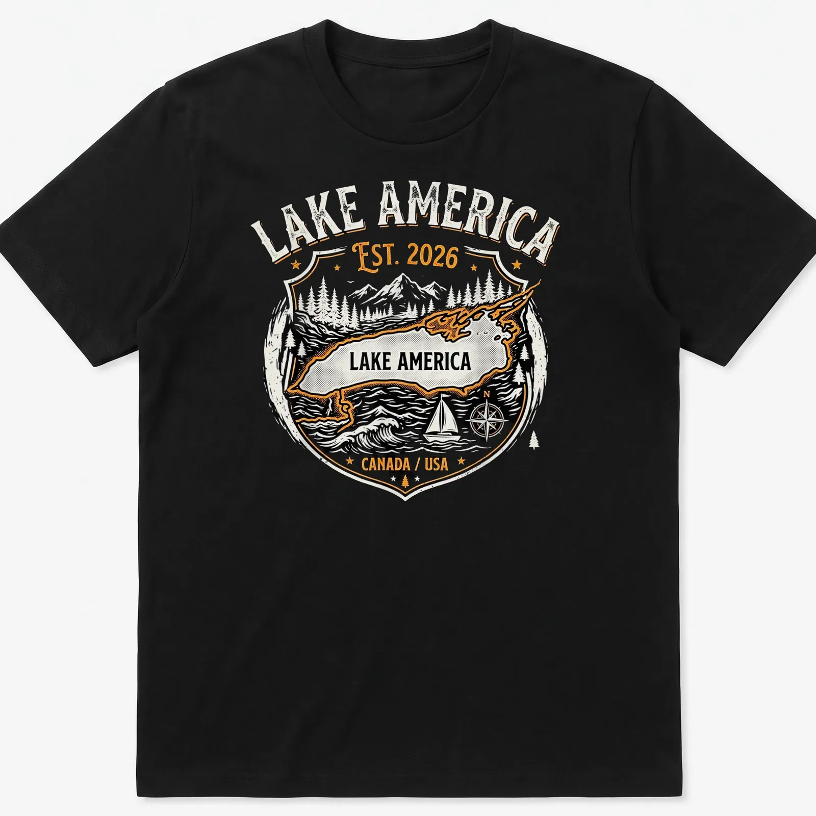 Vintage badge design featuring Lake America with established year in black, orange, and white. — printed on a unisex t-shirt