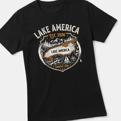 Vintage badge design featuring Lake America with established year in black, orange, and white. — printed on a women's shirt