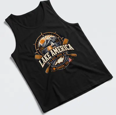 Vintage badge Lake America T-shirt featuring a lake scene with mountains and a sailboat — printed on a tank top