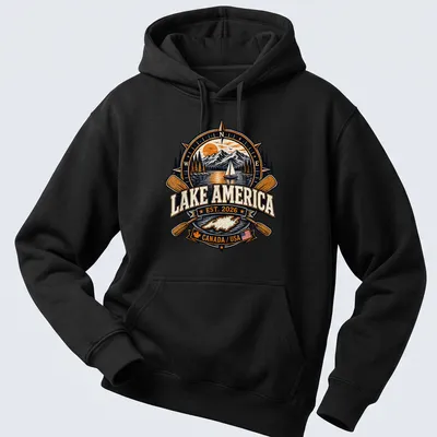 Vintage badge Lake America T-shirt featuring a lake scene with mountains and a sailboat — printed on a unisex hoodie