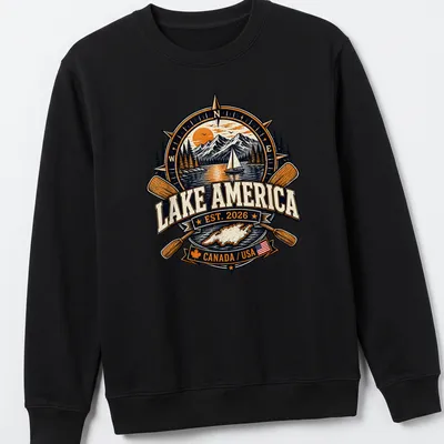 Vintage badge Lake America T-shirt featuring a lake scene with mountains and a sailboat — printed on a unisex sweatshirt