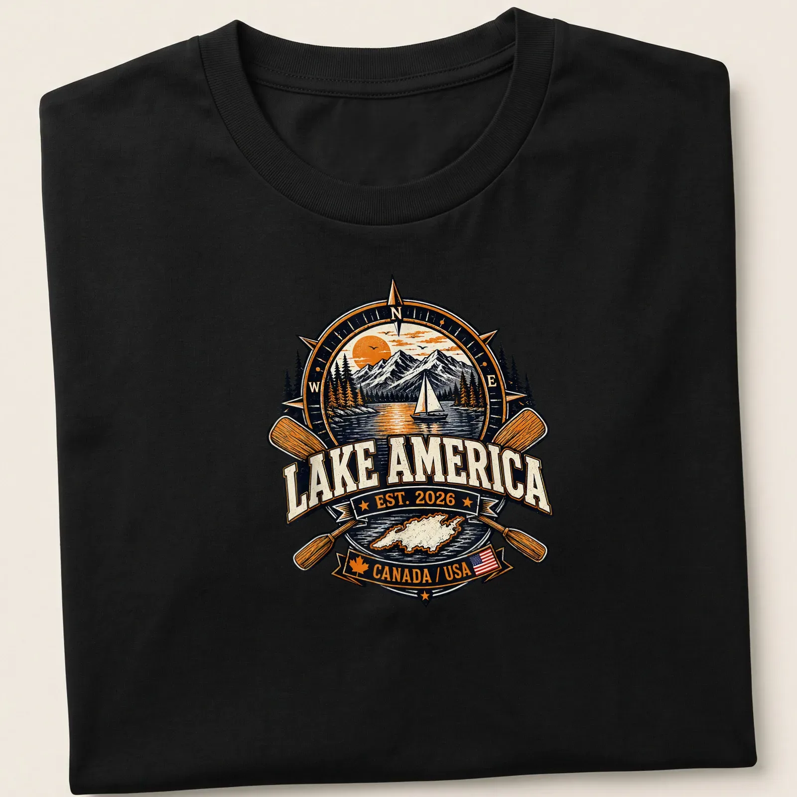 Vintage badge Lake America T-shirt featuring a lake scene with mountains and a sailboat — printed on a unisex t-shirt