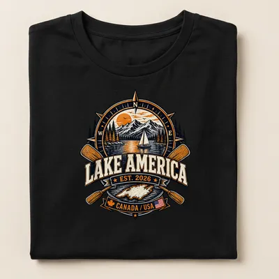 Vintage badge Lake America T-shirt featuring a lake scene with mountains and a sailboat — printed on a women's shirt