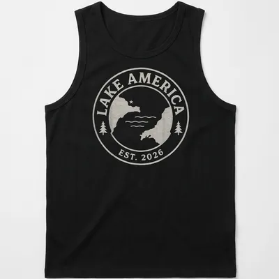 Vintage seal design featuring Lake America Est. 2026 in light beige and white — printed on a tank top