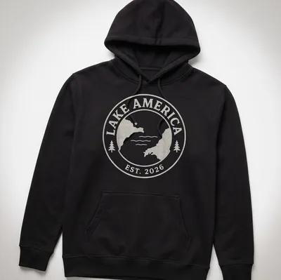 Vintage seal design featuring Lake America Est. 2026 in light beige and white — printed on a unisex hoodie