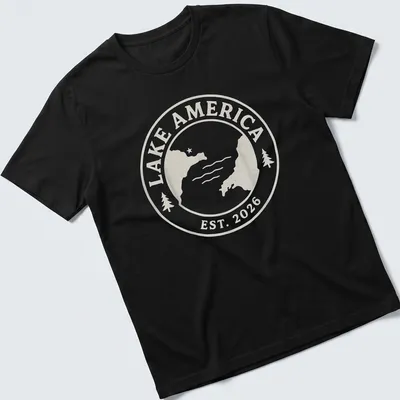 Vintage seal design featuring Lake America Est. 2026 in light beige and white — printed on a unisex t-shirt