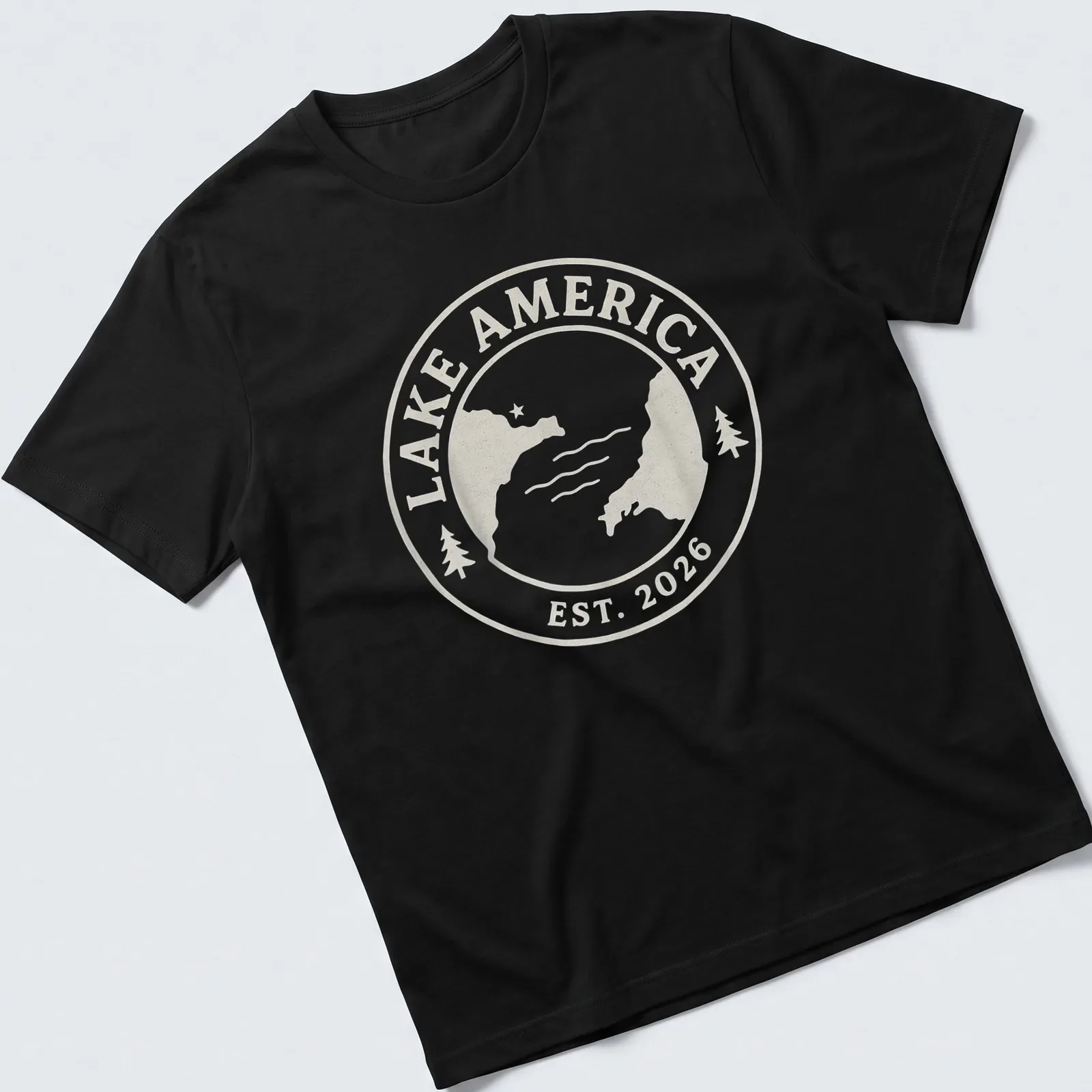 Vintage seal design featuring Lake America Est. 2026 in light beige and white — printed on a unisex t-shirt
