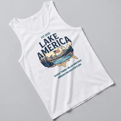 Vintage distressed Lake America shirt with map, mountains, and flag imagery — printed on a tank top