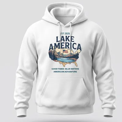 Vintage distressed Lake America shirt with map, mountains, and flag imagery — printed on a unisex hoodie