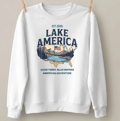 Vintage distressed Lake America shirt with map, mountains, and flag imagery — printed on a unisex sweatshirt
