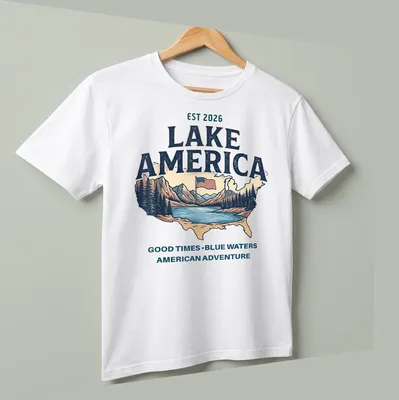 Vintage distressed Lake America shirt with map, mountains, and flag imagery — printed on a unisex t-shirt (angled view)
