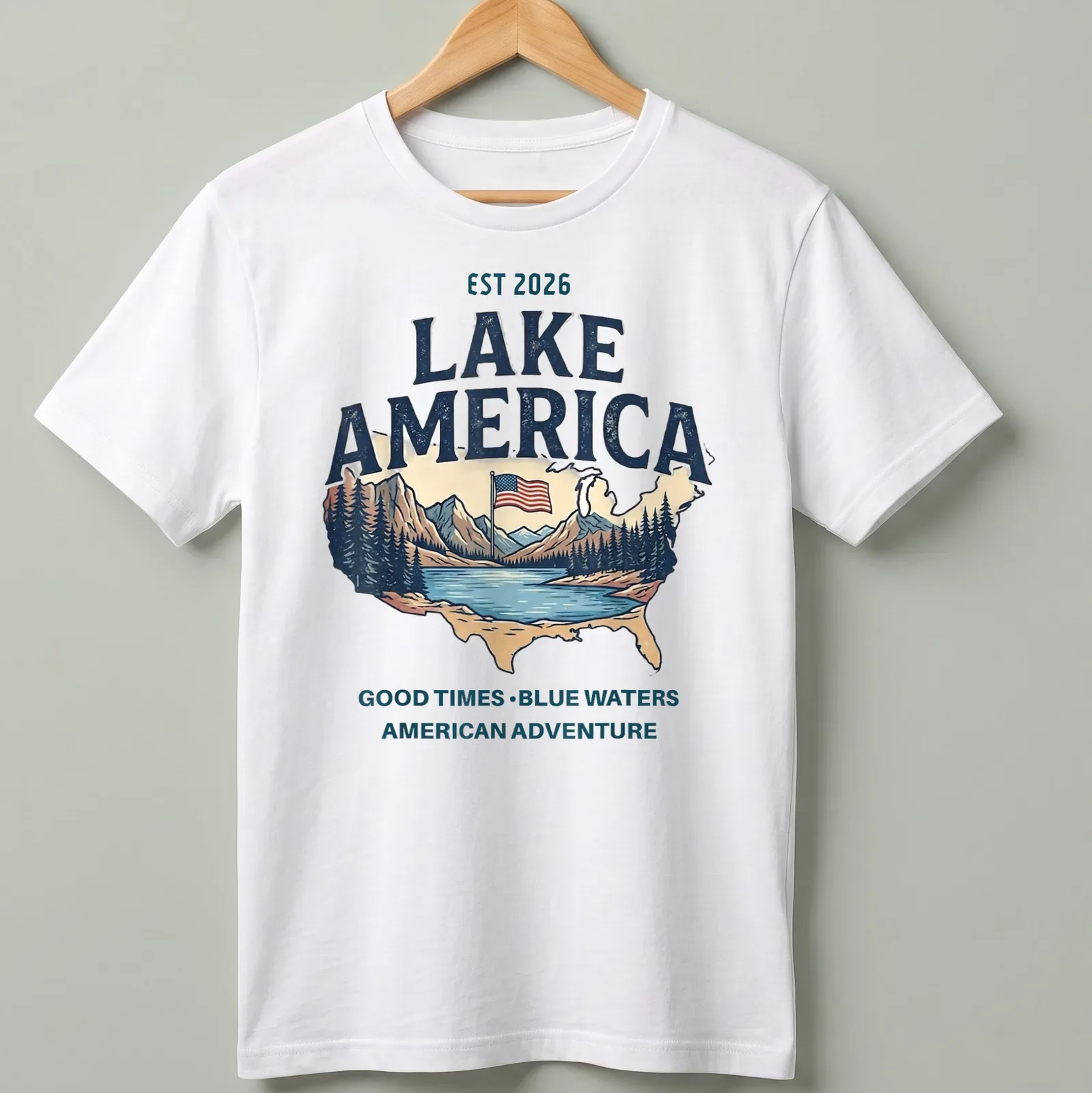 Vintage distressed Lake America shirt with map, mountains, and flag imagery — printed on a unisex t-shirt