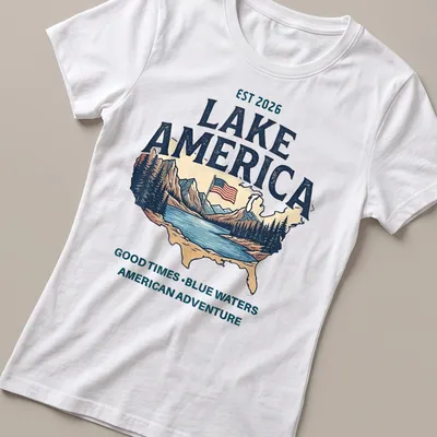 Vintage distressed Lake America shirt with map, mountains, and flag imagery — printed on a women's shirt