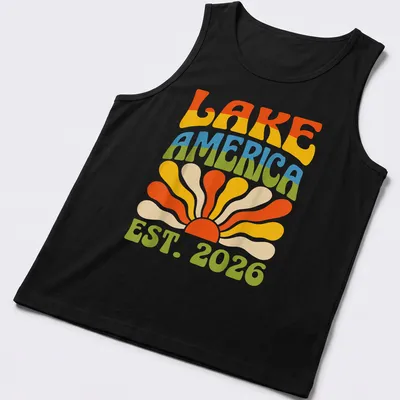 Retro vintage Lake America t-shirt featuring a sunset design with vibrant colors — printed on a tank top