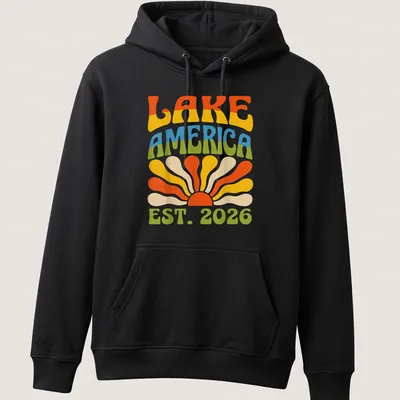 Retro vintage Lake America t-shirt featuring a sunset design with vibrant colors — printed on a unisex hoodie