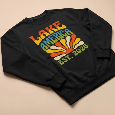 Retro vintage Lake America t-shirt featuring a sunset design with vibrant colors — printed on a unisex sweatshirt
