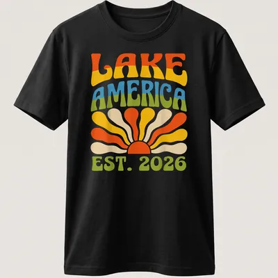 Retro vintage Lake America t-shirt featuring a sunset design with vibrant colors — printed on a unisex t-shirt