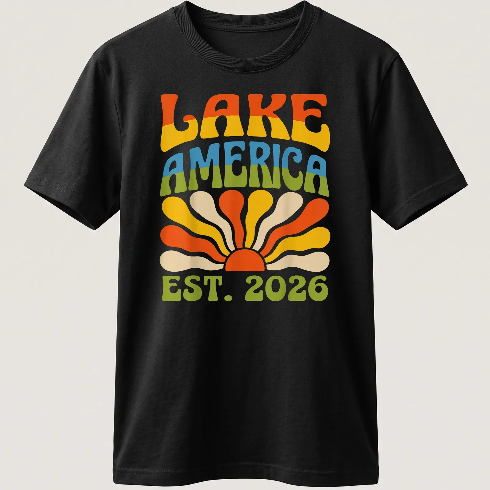 Retro vintage Lake America t-shirt featuring a sunset design with vibrant colors — printed on a unisex t-shirt