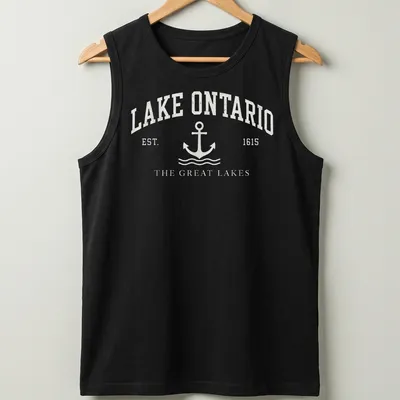 Vintage nautical t-shirt featuring an anchor and Lake Ontario text in white and light gray — printed on a tank top