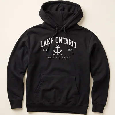 Vintage nautical t-shirt featuring an anchor and Lake Ontario text in white and light gray — printed on a unisex hoodie