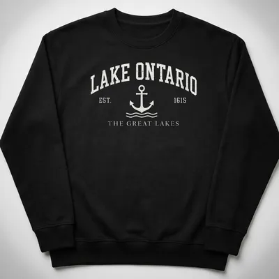 Vintage nautical t-shirt featuring an anchor and Lake Ontario text in white and light gray — printed on a unisex sweatshirt