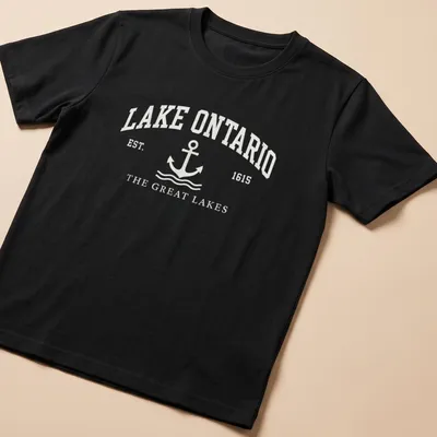 Vintage nautical t-shirt featuring an anchor and Lake Ontario text in white and light gray