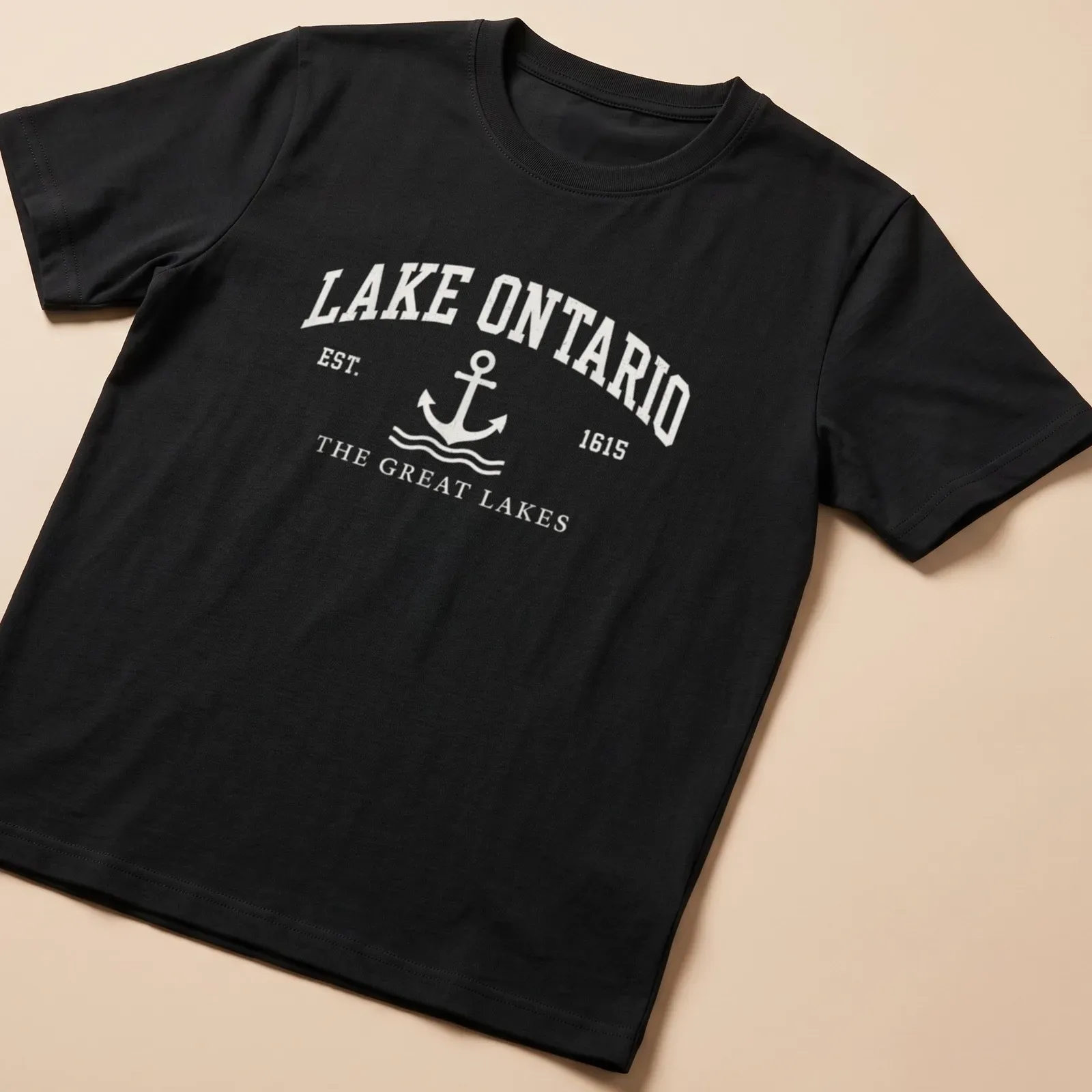 Vintage nautical t-shirt featuring an anchor and Lake Ontario text in white and light gray — printed on a unisex t-shirt