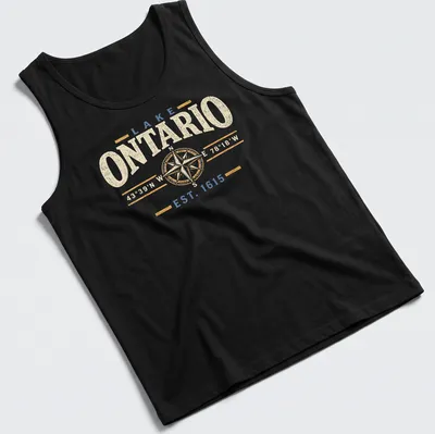 Vintage design featuring compass coordinates for Lake Ontario in cream, blue, and gold — printed on a tank top