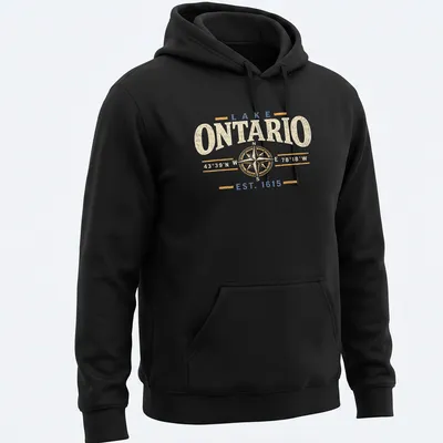 Vintage design featuring compass coordinates for Lake Ontario in cream, blue, and gold — printed on a unisex hoodie