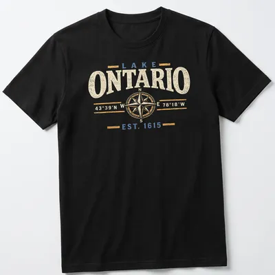 Vintage design featuring compass coordinates for Lake Ontario in cream, blue, and gold
