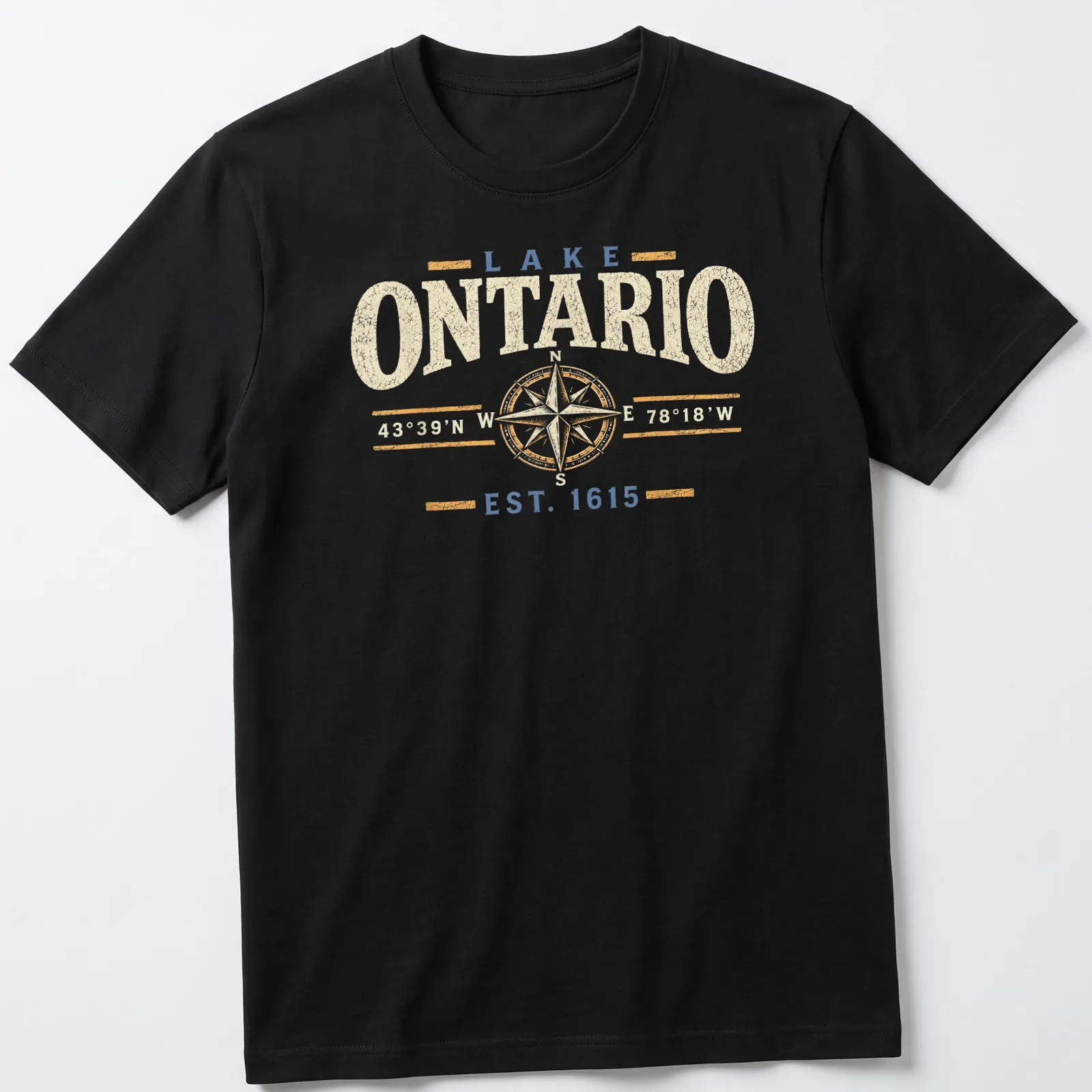Vintage design featuring compass coordinates for Lake Ontario in cream, blue, and gold — printed on a unisex t-shirt