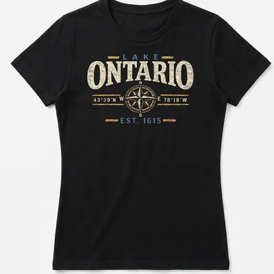 Vintage design featuring compass coordinates for Lake Ontario in cream, blue, and gold — printed on a women's shirt