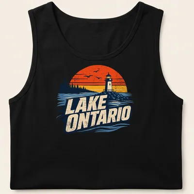 Vintage sunset t-shirt featuring Lake Ontario lighthouse illustration — printed on a tank top
