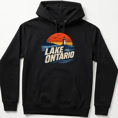 Vintage sunset t-shirt featuring Lake Ontario lighthouse illustration — printed on a unisex hoodie