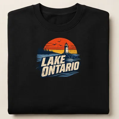 Vintage sunset t-shirt featuring Lake Ontario lighthouse illustration — printed on a unisex sweatshirt