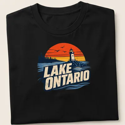 Vintage sunset t-shirt featuring Lake Ontario lighthouse illustration