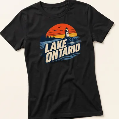 Vintage sunset t-shirt featuring Lake Ontario lighthouse illustration — printed on a women's shirt