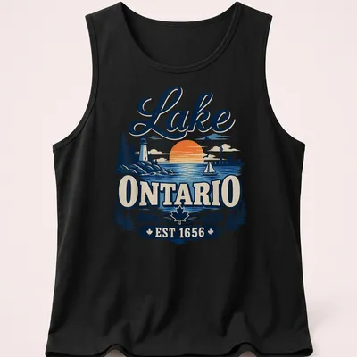 Vintage illustration of Lake Ontario at sunset with historical text — printed on a tank top