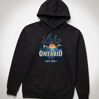 Vintage illustration of Lake Ontario at sunset with historical text — printed on a unisex hoodie