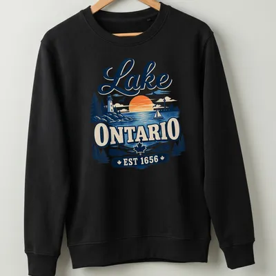Vintage illustration of Lake Ontario at sunset with historical text — printed on a unisex sweatshirt