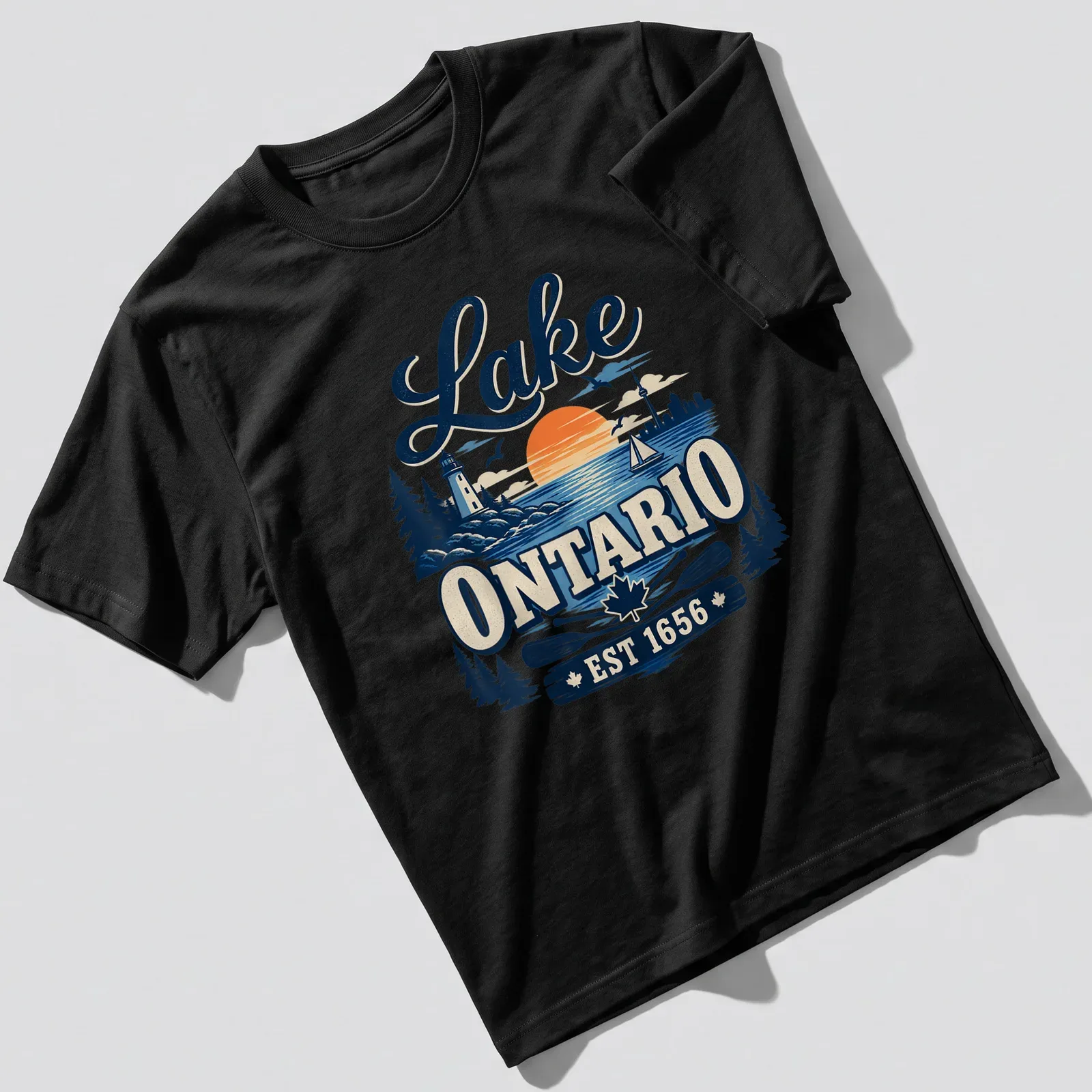 Vintage illustration of Lake Ontario at sunset with historical text — printed on a unisex t-shirt