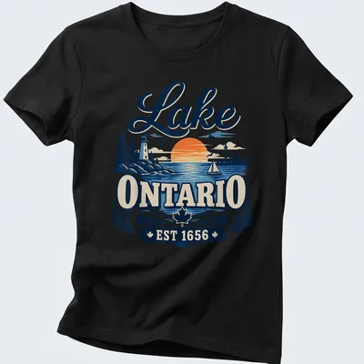Vintage illustration of Lake Ontario at sunset with historical text — printed on a women's shirt