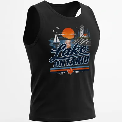 Vintage design of Lake Ontario with a lighthouse and sailboat at sunset — printed on a tank top