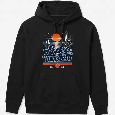 Vintage design of Lake Ontario with a lighthouse and sailboat at sunset — printed on a unisex hoodie