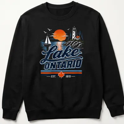 Vintage design of Lake Ontario with a lighthouse and sailboat at sunset — printed on a unisex sweatshirt
