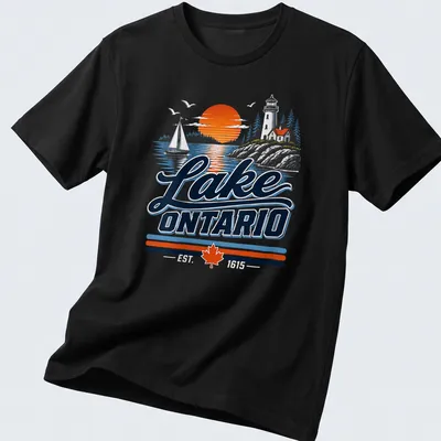 Vintage design of Lake Ontario with a lighthouse and sailboat at sunset — printed on a unisex t-shirt