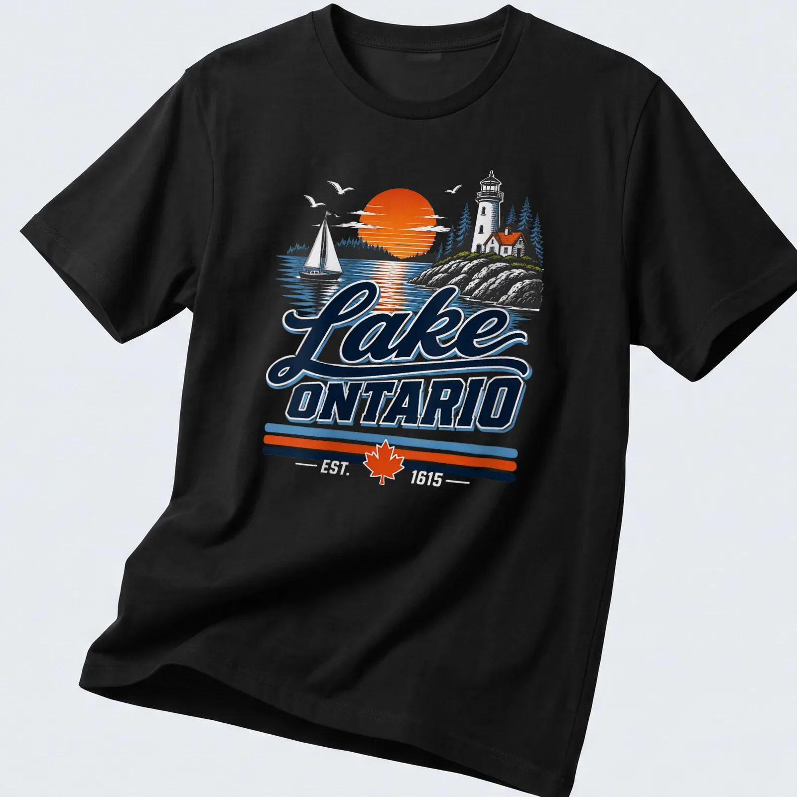 Vintage design of Lake Ontario with a lighthouse and sailboat at sunset — printed on a unisex t-shirt