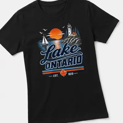 Vintage design of Lake Ontario with a lighthouse and sailboat at sunset — printed on a women's shirt