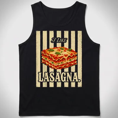 Vintage illustration t-shirt featuring lasagna with the text I LIKE LASAGNA. — printed on a tank top