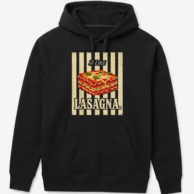 Vintage illustration t-shirt featuring lasagna with the text I LIKE LASAGNA. — printed on a unisex hoodie